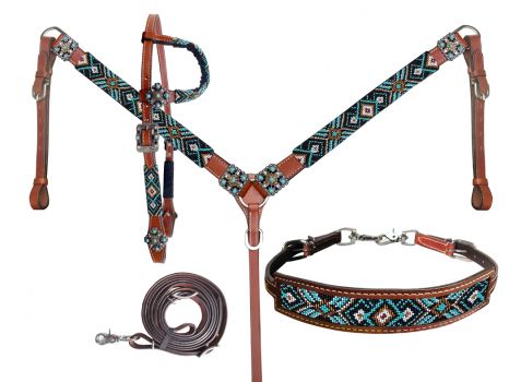 Showman Beaded Southwest Design 4 Piece Set - teal and black